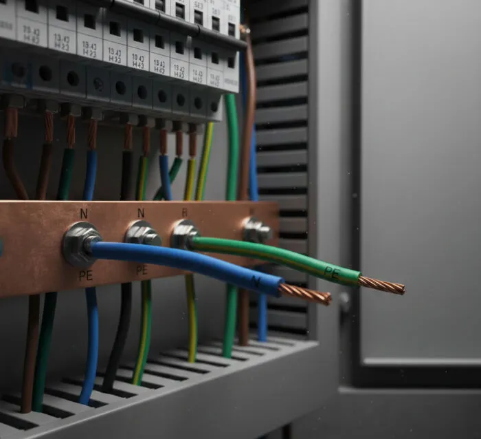Conexão de condutores neutro (azul) e terra (verde) em um barramento de equipotencialização.