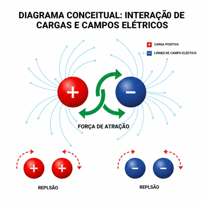 Diagrama Conceitual do Circuito: Interação de Cargas e Linhas de Campo Elétrico