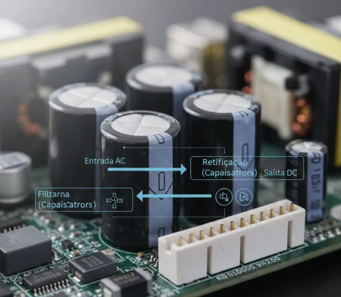 Fluxo de Entrada AC -> Retificação -> Filtragem por Capacitores -> Chaveamento PWM -> Saída DC