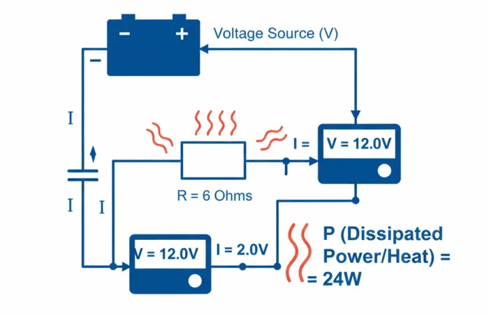 Uma fonte de tensão conectada a um resistor, com voltímetro e amperímetro indicando a relação entre V, I e o calor dissipado P