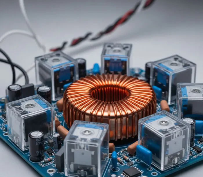 Diagrama interno e componentes de um estabilizador de tensão profissional