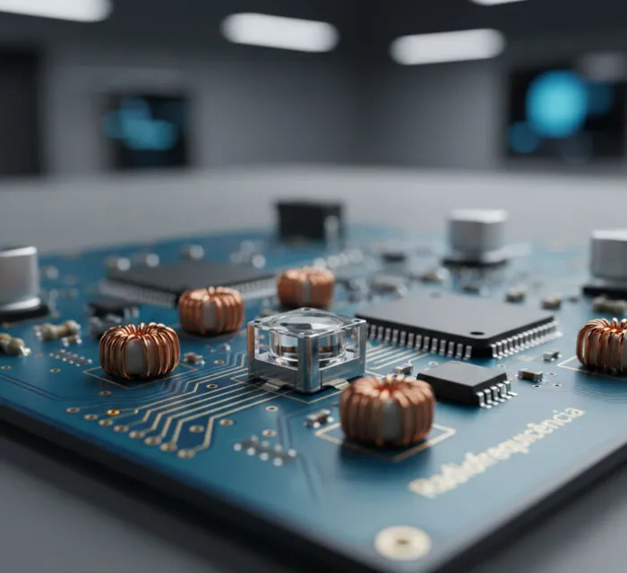 Detalhes de componentes de alta precisão em um circuito de radiofrequência profissional.