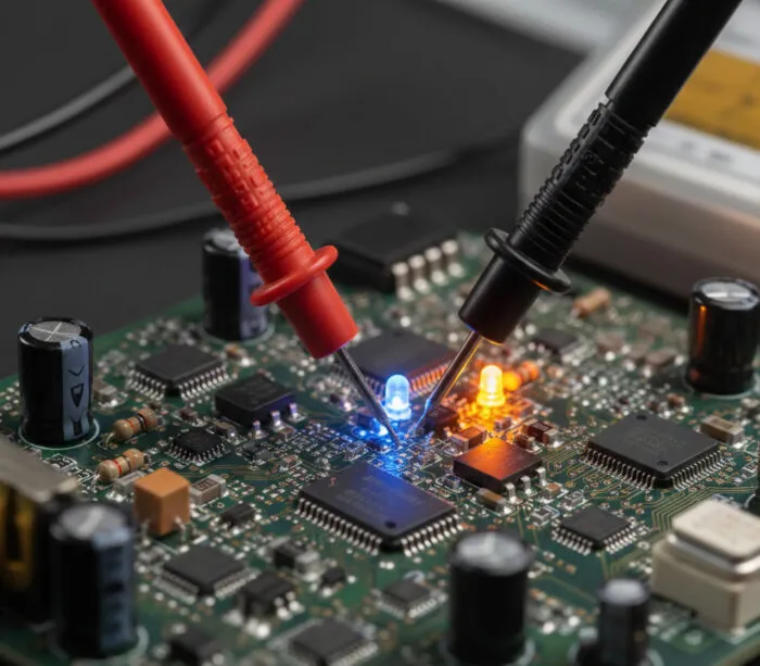 Utilização de multímetros para aferição de Diferença de Potencial (DDP) em componentes eletrônicos.