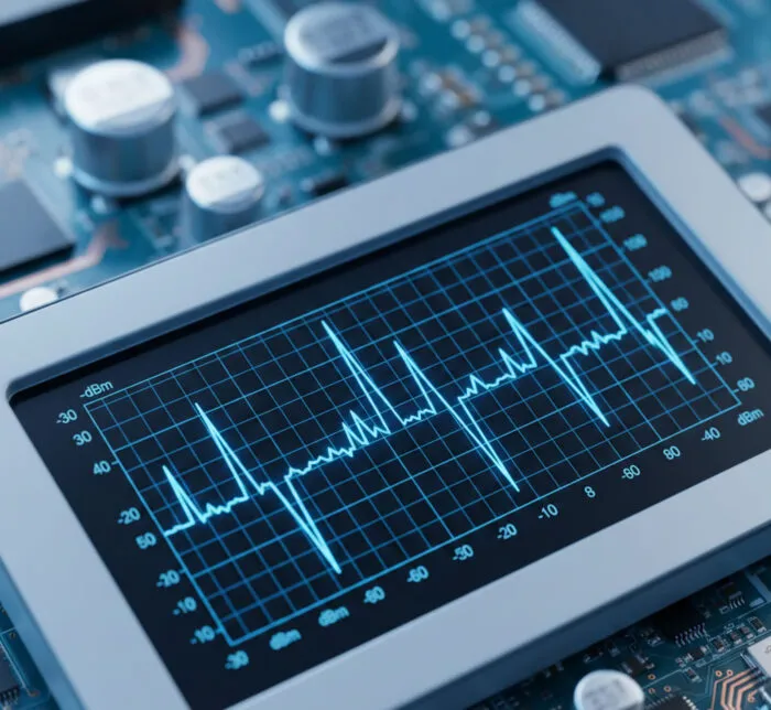 Representação visual de ondas de rádio em um analisador de espectro medindo a intensidade em dBm.